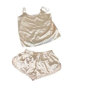 Unbranded Pajama Set Womens XS Ivory Solid Satin Cami & Shorts Spaghetti